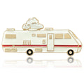 White Enamel RV Camper Van Brooch Red Stripe Gold Edge view 1