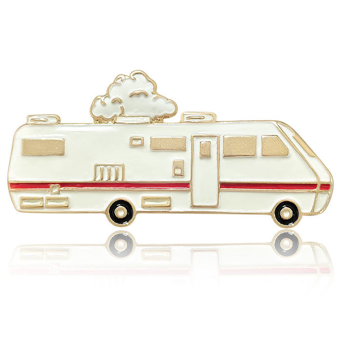 White Enamel RV Camper Van Brooch Red Stripe Gold Edge