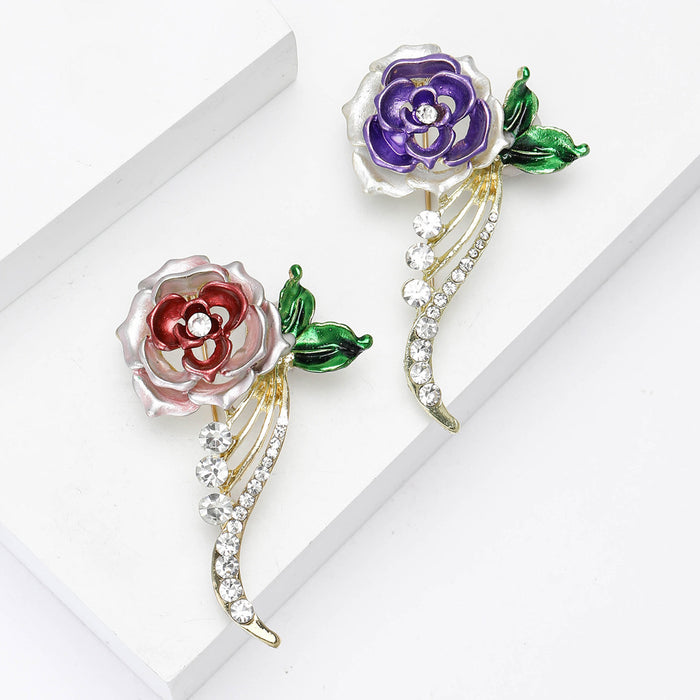Enamel Rose Stem Brooch Decorative Metal Pin For Jackets And Lapels