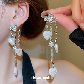 Silver Tone Butterfly Heart Long Chain Stud Earrings