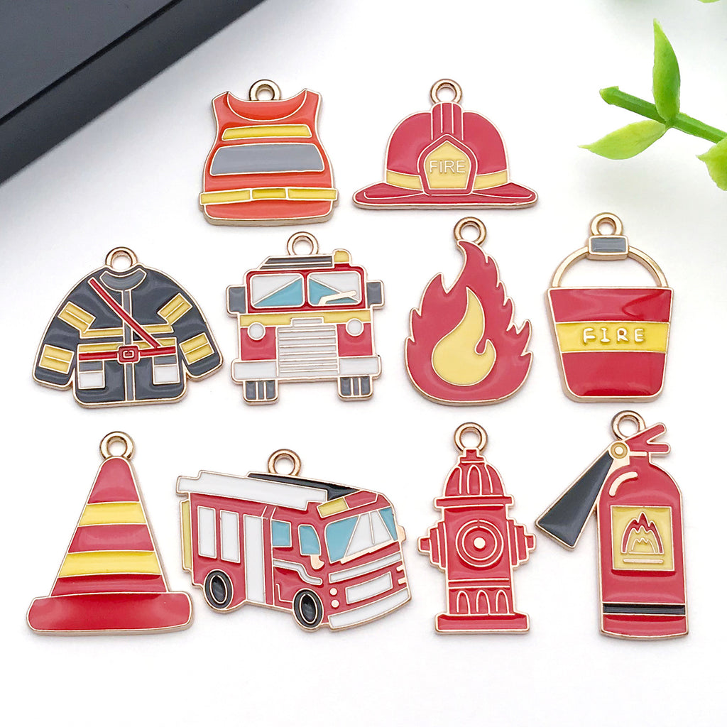 Enamel Zinc Alloy Fire Helmet Fire Truck Extinguisher Charm Pendant for DIY Jewelry