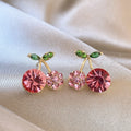 Pink Crystal Cherry Stud Earrings With Green Leaves view 2