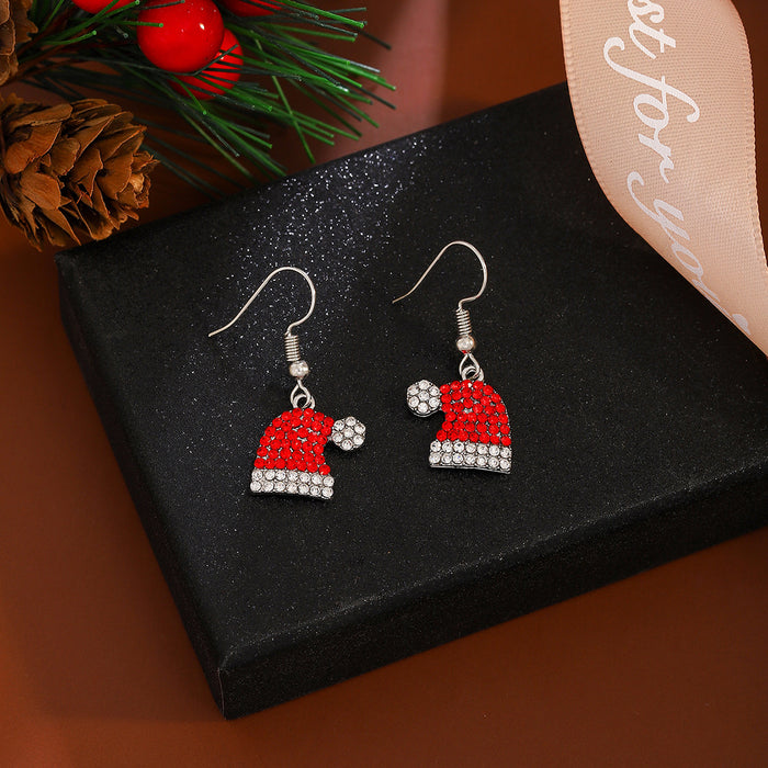 Red Santa Hat Clear Stone Silver Tone Hook Earrings