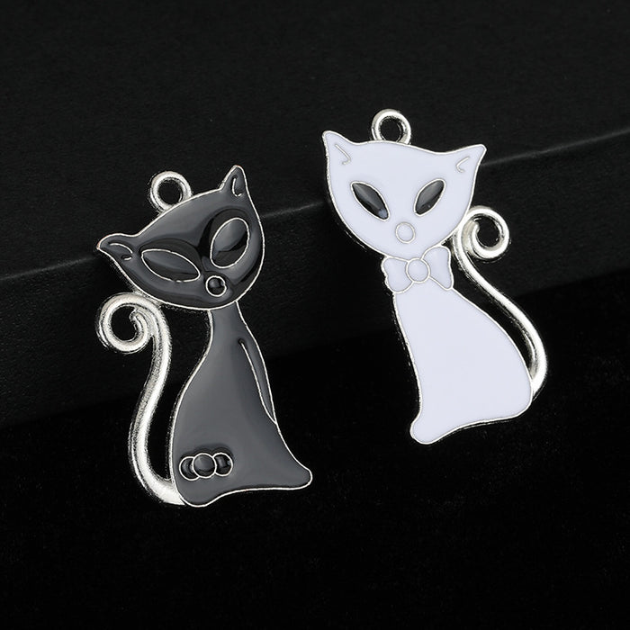 Enamel Cat Charm Pendant Black and White Silver-Tone Jump Ring