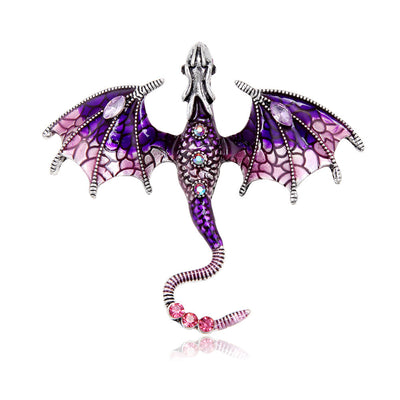Front product view of the winged dragon brooch pin in purple and pink