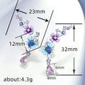 Blue Purple Enamel Butterfly Flower Drop Earrings White Metal view 4