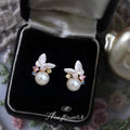 Gold Tone White Leaf Multicolor Stone And Large Pearl Stud Earrings view 3