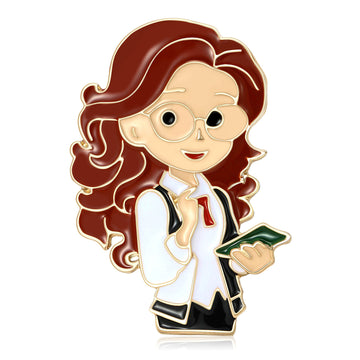 Red Haired Woman Doctor Enamel Brooch With Glasses
