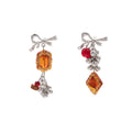 Mismatched Bow Amber Bead Cluster Long Stud Earrings view 5