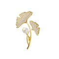 Gold Crystal Pave Ginkgo Leaf Brooch White Pearl Accent view 5