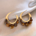 Brown Beaded Hoop Earrings With Gold Tone Crescent Frames view 6