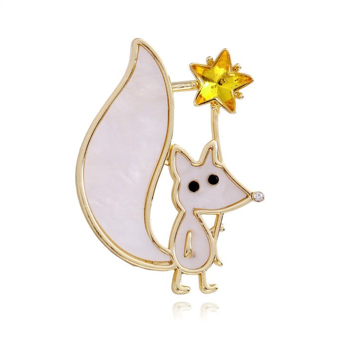 White Fox Moon and Star Gold Tone Metal Brooch Pin