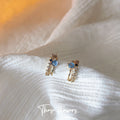 Gold Tone Aqua Square Stone Stepped Bar Mini Stud Earrings view 4