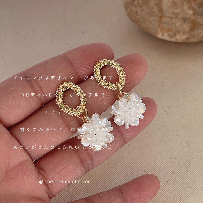 Gold Tone Textured Oval Stud Earrings With Pearl Flower Drops