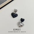Black And Silver Tone Double Heart Asymmetric Drop Earrings view 4