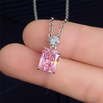 Silver Tone Pink Emerald Cut Pendant Necklace Clear Accent