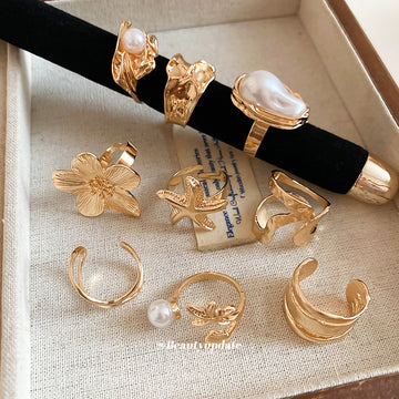 Gold Open Fashion Ring Sets Six Piece and Pearl Trio