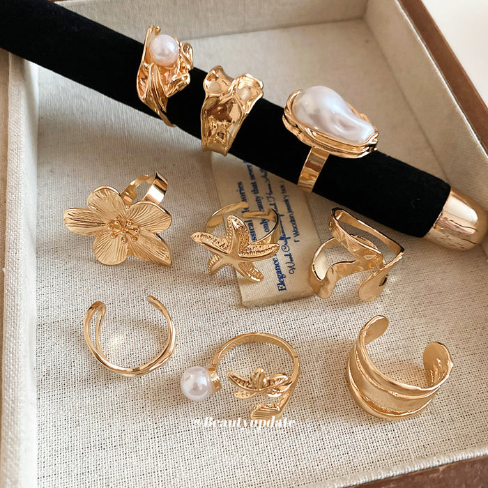 Gold Open Fashion Ring Sets Six Piece and Pearl Trio