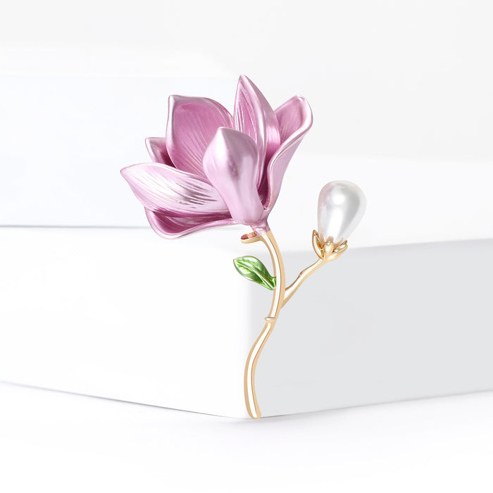 Enamel Magnolia Flower Brooch with Pearl Pink Purple
