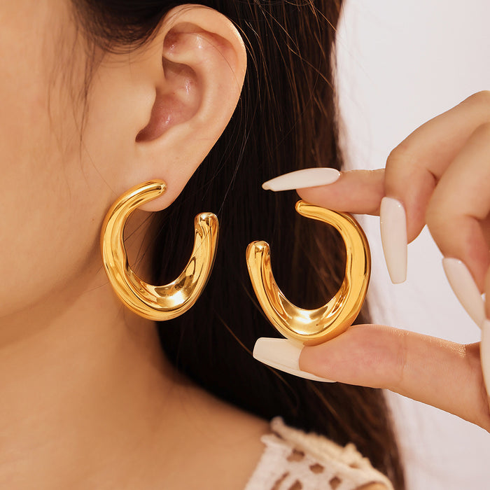 Gold Thick U-Shape Open Hoop Earrings Polished Metal Finish