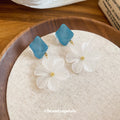 Blue Square and White Flower Drop Stud Earrings With Gold Tone Centers view 4