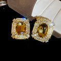Yellow Faceted Stone Square Halo Statement Stud Earrings view 6