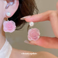 Pink Resin Rose Drop Earrings With White Pearl Stud Tops view 1