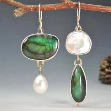 Mismatched Green Cabochon Pearl Drop Earrings Pair