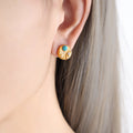 Gold Round Embossed Stud Earrings Green Or Blue Stone view 4