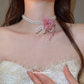 Pearl Multi Strand Bracelet and Necklace with Pink Flower view 3