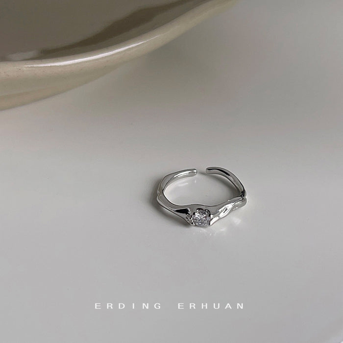 Silver-Tone Open Adjustable Wave Band Ring Single CZ Stone