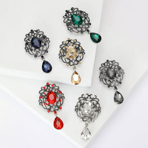 Alloy Openwork Floral Brooch with Center Stone and Teardrop Drop
