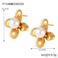 Flower Petal Stud Earrings White Pearl Center Gold Steel view 6