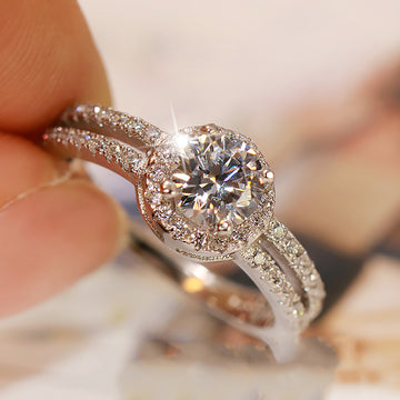Round Halo Clear Stone Split Shank Ring Sizes 6-10