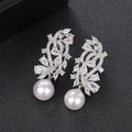 Silver Tone Leaf Cluster Faux Pearl Drop Earrings with Clear Stone Accents view 3