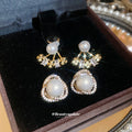 Gold Tone Pearl and Crystal Floral Drop Stud Earrings view 2