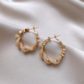 Twisted Gold Tone Pearl Accent Hoop Earrings Statement Pair view 6