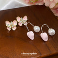 Pink Butterfly Studs and Heart Pearl Drop Earrings view 3