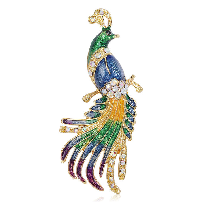 Long Tail Peacock Brooch in Two Multicolor Enamel Palettes