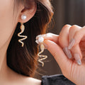Gold Crystal Snake Drop Pearl Stud Earrings Jewelry Accessory view 2