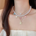 Layered Faux Pearl Starfish and Shell Coastal Necklace view 3