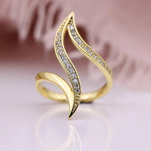 Long Double-Leaf Clear Stone Open Ring In Polished Gold Tone