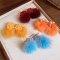Flower Stud Earrings with Colorful Faux Fur Pom Poms view 1