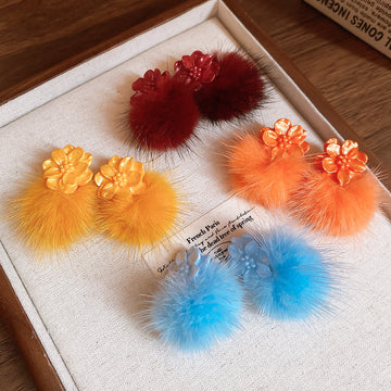 Flower Stud Earrings with Colorful Faux Fur Pom Poms