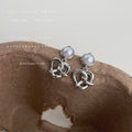 Silver Pearl Stud Heart Knot Drop Earrings Pair Metal view 1
