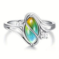 Iridescent Marquise Cabochon Leaf Ring In Silver Tone view 2
