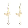 Gold Tone Butterfly Long Chain White Pearl Like Hook Earrings view 5