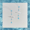 Silver Tone Aqua Stone Planet Orbit Long Stud Earrings view 4