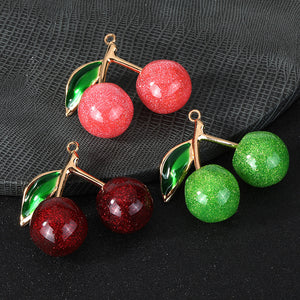 Glitter Resin Cherry Charm Pendant Gold Leaf Three Colors