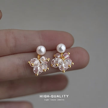 Gold Tone Clear Stone Cluster Pearl Like Top Stud Earrings